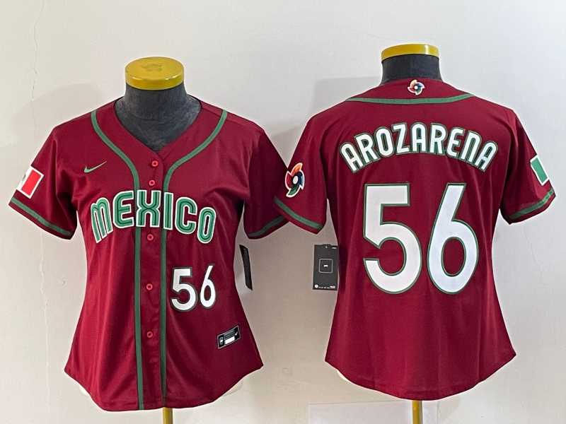 Women%27s Mexico Baseball #56 Randy Arozarena Number 2023 Red World Classic Stitched Jersey